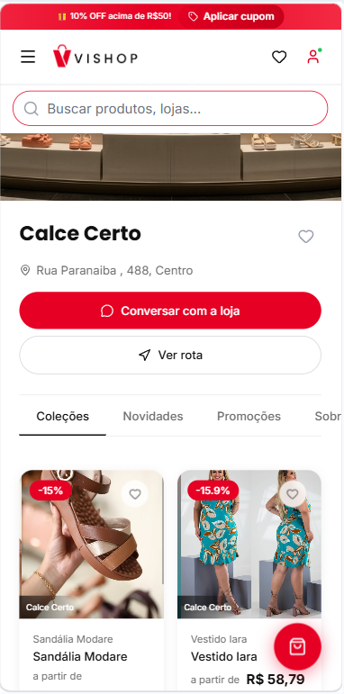 Loja Calce Certo na VISHOP, com seus produtos e opções de contato