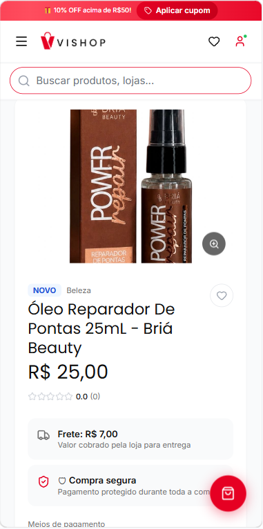 Detalhe do Óleo Reparador de Pontas Briá Beauty, com preço e informações de entrega